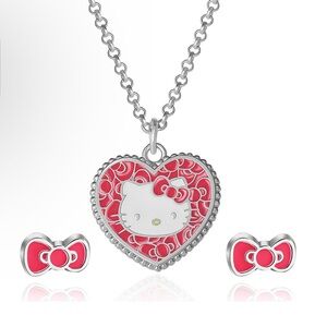 Sanrio Hello Kitty Fashion Jewelry Set, Heart Necklace and Bow Stud Earrings